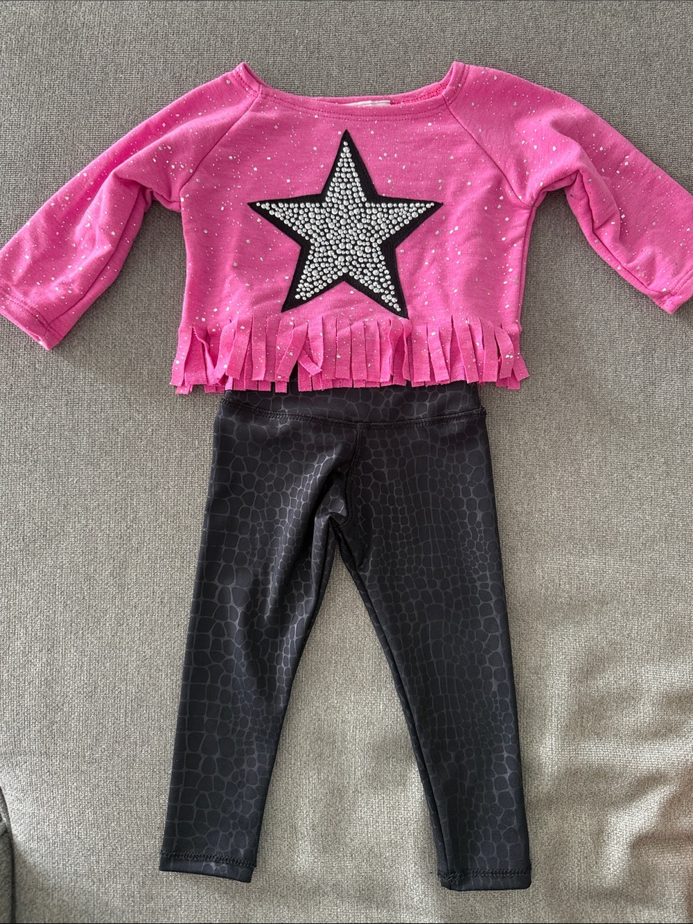 Lea Touts Petits Pink Star Fringe Top and Black Crocodile Print Leggings Set